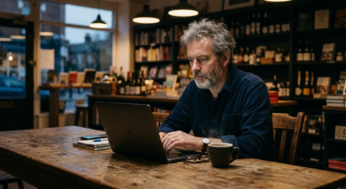 A small business owner working on a laptop in his shop after hours