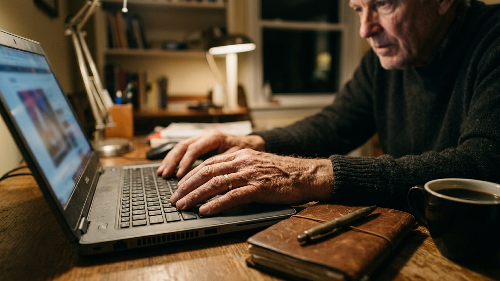 A seasoned business owner reviewing work at a laptop, a leather notebook and coffee at hand